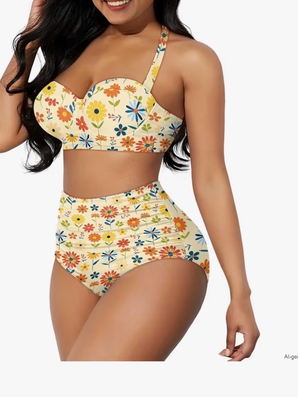 Women's Retro Ruched Ruffle High Waist Bikini Set - Picture 4 of 8